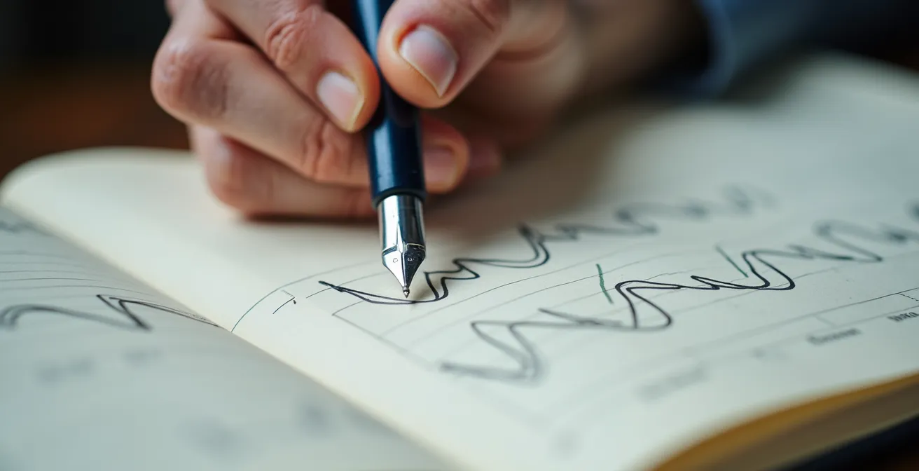 Close-up of senior hands writing in health diary with graphs and charts