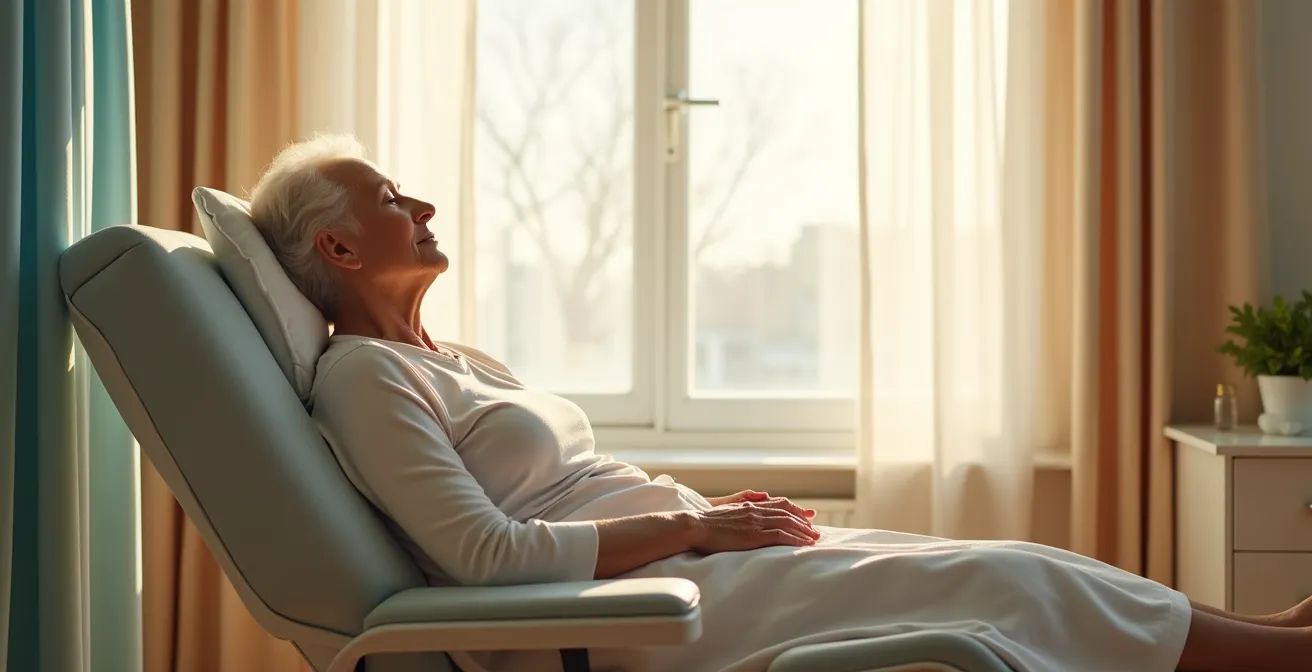 Person performing gentle vagus nerve stimulation exercise in a serene recovery setting.