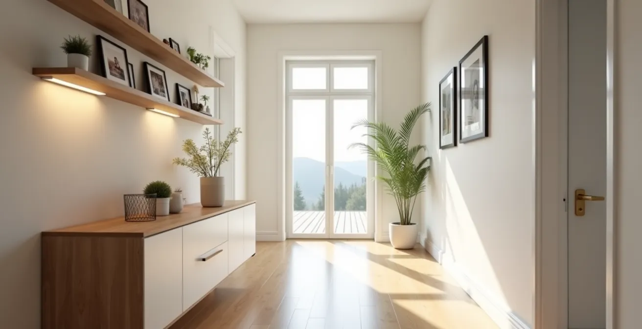 Wall-mounted shelving and organized hallway with clear walking path