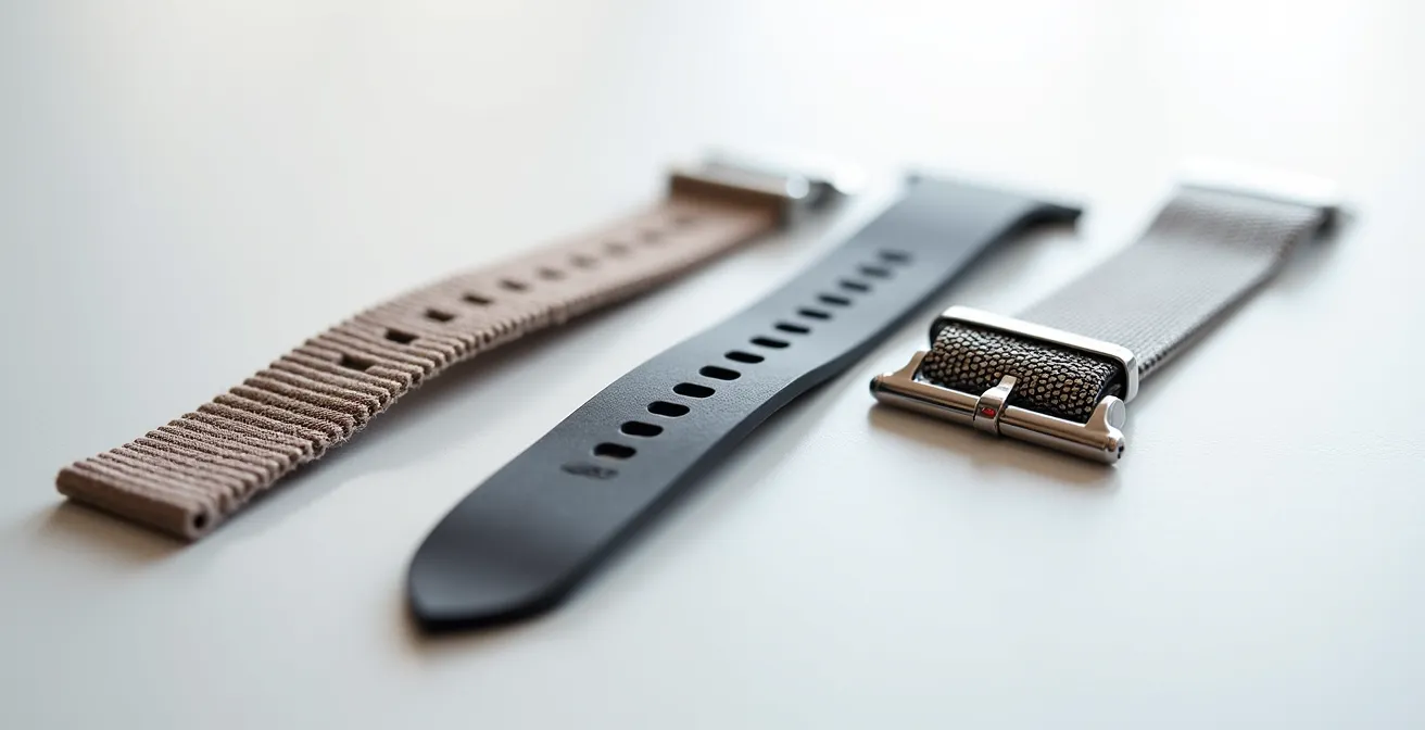 Close-up comparison of different hypoallergenic watch band materials
