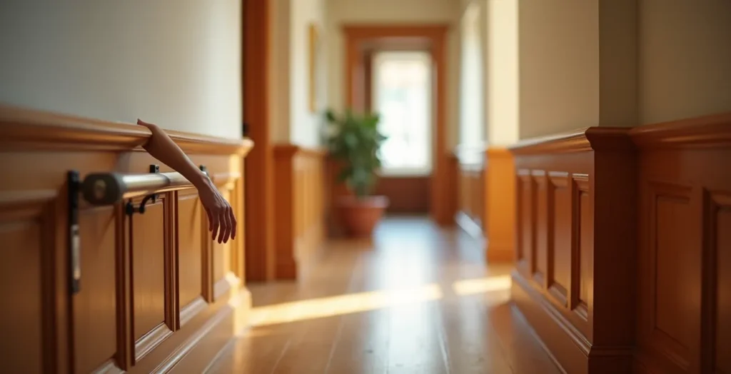 Stylish hallway with integrated wood wainscoting protecting walls at wheelchair height Stylish hallway with integrated wood wainscoting protecting walls at wheelchair height